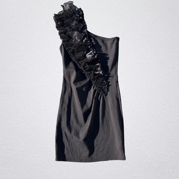 Black asymmetrical one shoulder corsage floral ruffle black mini dress US size 6 - Picture 1 of 7